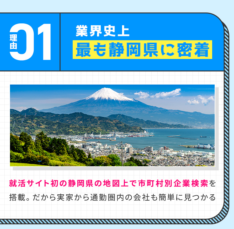 
            【理由①：業界史上最も静岡県に密着】
            就活サイト初の静岡県の地図上で市町村別企業検索を搭載。だから実家から通勤圏内の会社も簡単に見つかる
