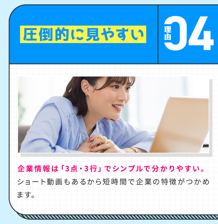 
            【理由④：圧倒的に見やすい】
            企業情報は「3点・3行」でシンプルで分かりやすい。ショート動画もあるから短時間で企業の特徴がつかめます。